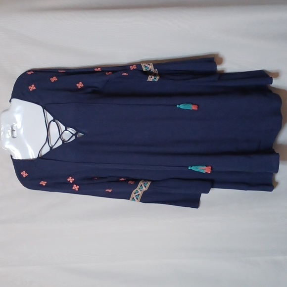 SUGAR + LIPS Navy Blue Embroidered Dress With Long Bell Sleeves. Size S - Picture 2 of 15